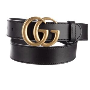 Women’s Gucci Black Leather Belt with Double G Logo Gold XS